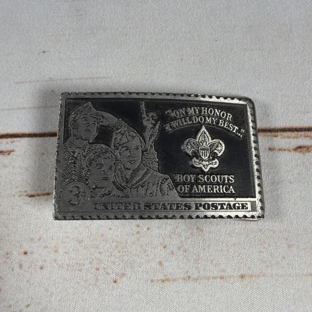 Vintage Boy Scouts BSA 3 Cent Stamp Belt Buckle Pewter Dory USA Collectible